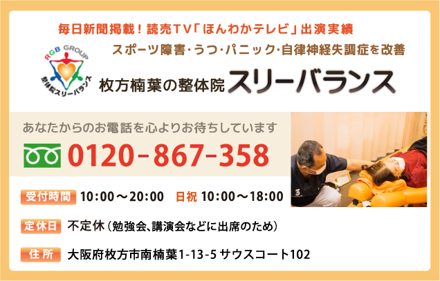 枚方市 楠葉の整体院スリーバランスの電話番号 0120-867-358